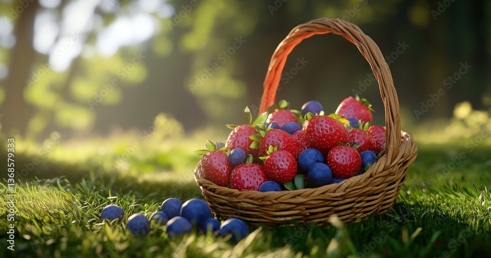 Un panier de fraises et de myrtilles, posé sur l'herbe en extérieur, éclairage doux avec lumière naturelle du soleil mettant en valeur les couleurs vives des fruits.