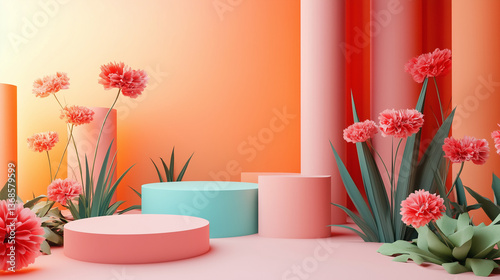 Coral and Pastel Flower Scene with Product Podiums