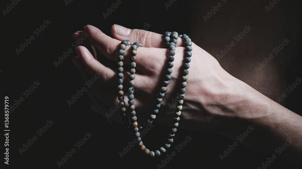 Hands hold prayer beads in dim light, symbolizing mindfulness and spirituality at an intimate moment of reflection Hands hold prayer beads in dim light, symbolizing mindfulness and spirituality at an intimate moment of reflection