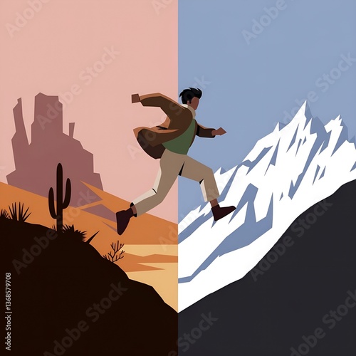 Man leaps between contrasting landscapes of desert and snowy mountains at dawn
