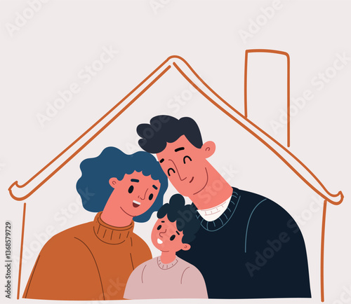 Vector illustration of a family under a roof, mother, father, son, home, shelter, warmth, togetherness, family bonding, cozy living, family home, love, protection, happiness.