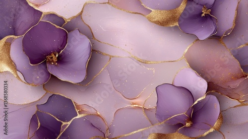 Decorative abstract design featuring purple flowers and gold accents on a soft pastel background