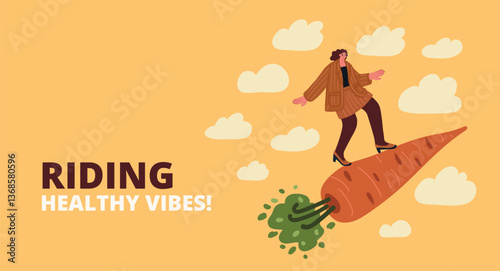 Cartoon vector illustration of a woman flying through the sky on a giant carrot, representing a fun and whimsical adventure, celebrating healthy living and joyful vitality.