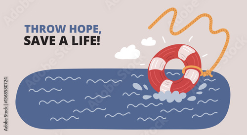 Cartoon vector illustration of a lifebuoy splashing into water, symbolizing quick rescue, dynamic safety, and swift response in emergencies.
