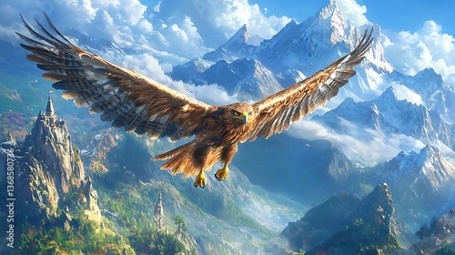 Majestic eagle soaring above majestic mountains. Lush valleys and ancient-looking structures are visible beneath.  A breathtaking vista of nature's grandeur