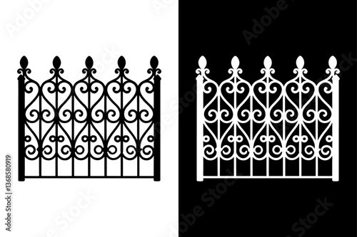 Decorative Wrought Iron Fence Silhouette Vector  Black & White Icon