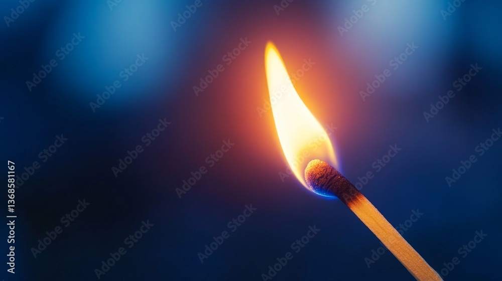 Close-up of a lit matchstick with a vibrant flame against a blurred blue background Close-up of a lit matchstick with a vibrant flame against a blurred blue background