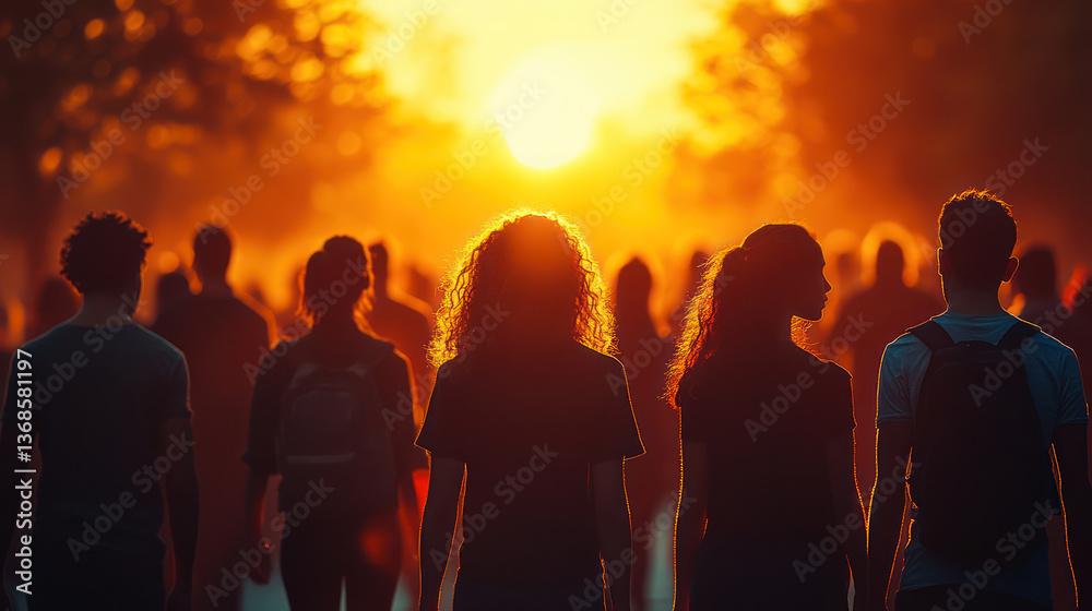 Silhouettes of people walking towards sunset, creating warm and vibrant . scene captures sense of unity and movement as sun sets in background Silhouettes of people walking towards sunset, creating warm and vibrant . scene captures sense of unity and movement as sun sets in background