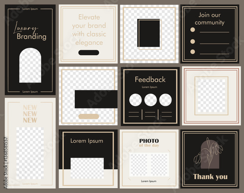 Luxury elegant minimalist social media post template in black and gold color palette. Perfect for upscale brands, fashion, and high-end marketing. Easy-to-edit with modern typography and sleek design