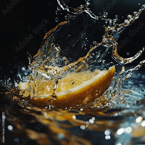 Dynamic Splash Water over Lemon Slice Refreshing Burst of Citrus Delight Dark Background Texture