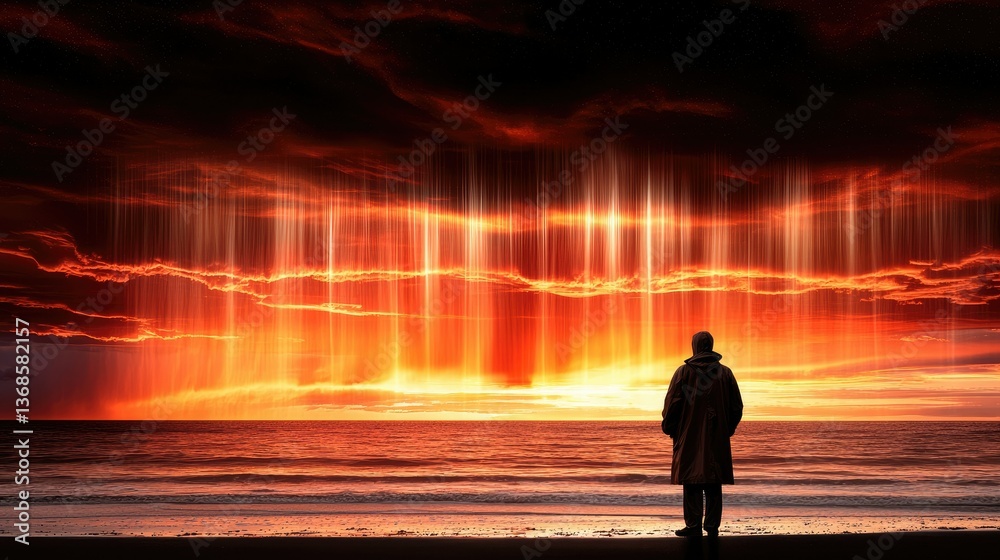 Fototapeta premium Solitary Figure at Fiery Sunset Seascape
