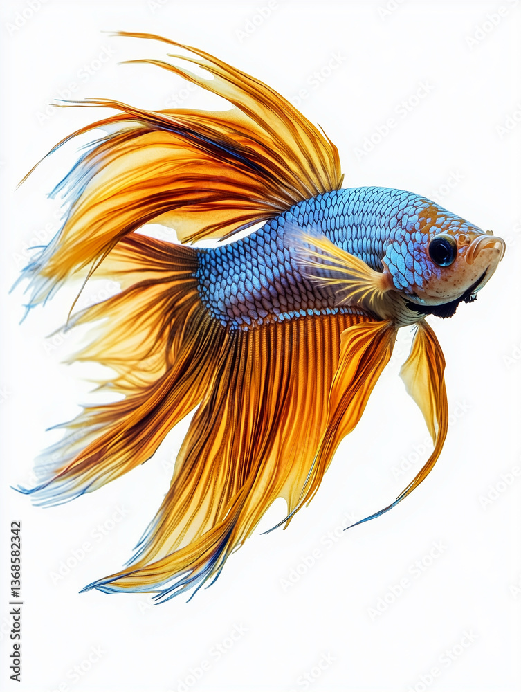 Fototapeta premium A vibrant betta fish swimming gracefully in the water, with its long, flowing fins and bright colors against a clean white background. 