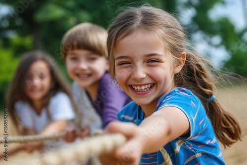 Happy children playing tug of war