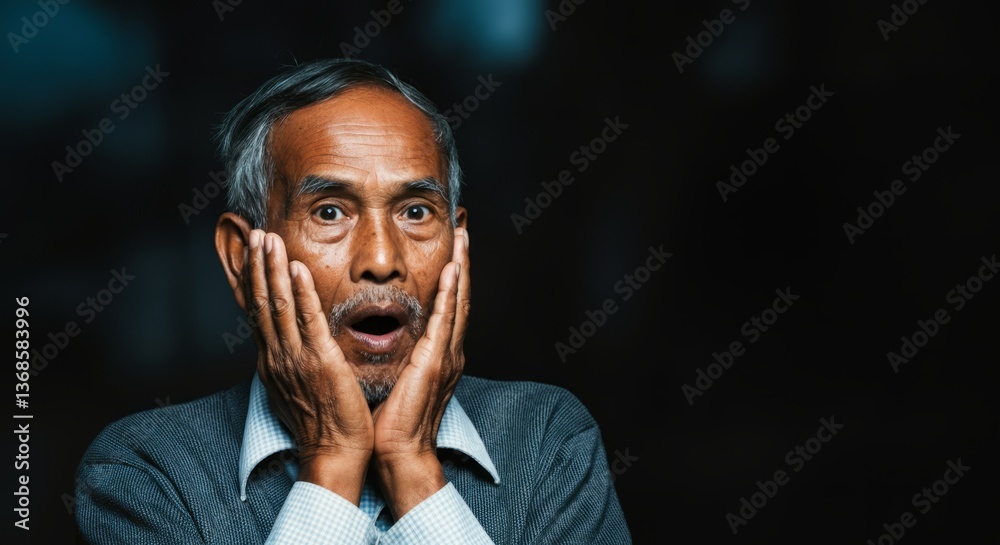 Elderly asian male expressing surprise with hands on face in dark background Elderly asian male expressing surprise with hands on face in dark background