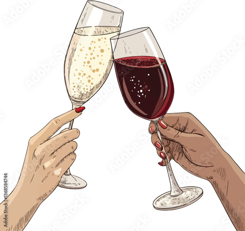 Elegant Hands Holding Sparkling or Red Wine – Vector Illustration