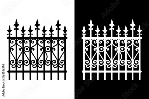 Decorative Wrought Iron Fence Silhouette Vector  Black & White Icon