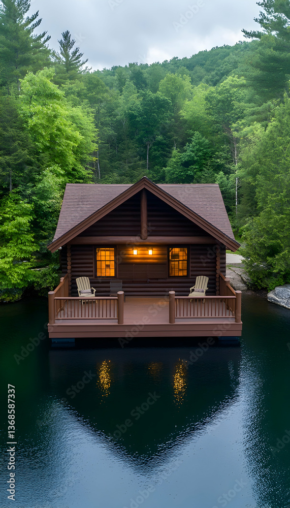 Secluded lakefront log cabin at dusk, reflecting in calm water Secluded lakefront log cabin at dusk, reflecting in calm water