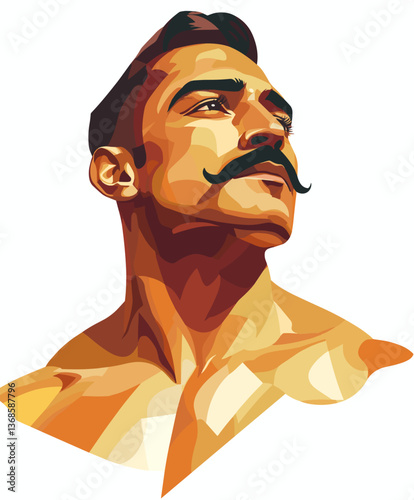 Strong Indian man with mustache exudes pride and confidence against a vibrant background during the daytime