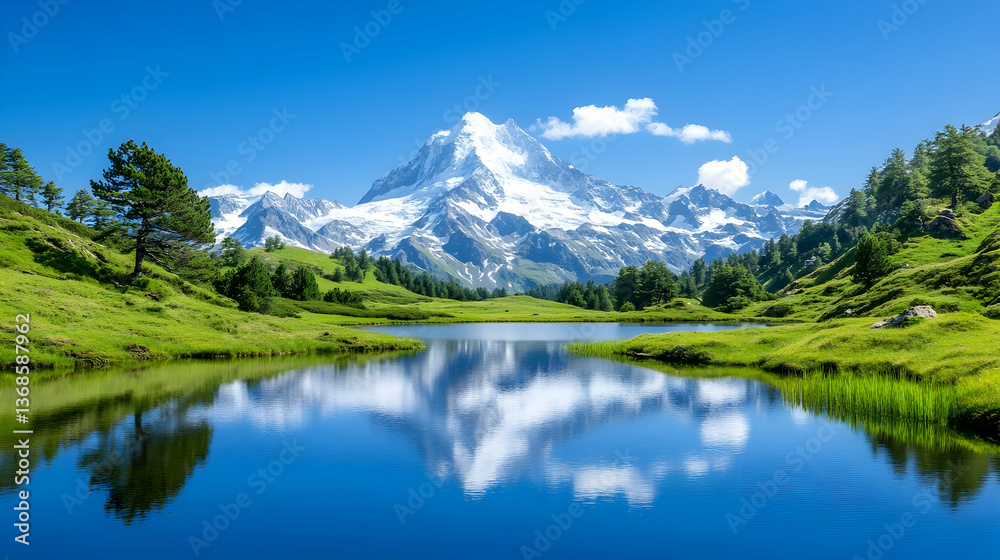Serene alpine lake reflecting snow-capped mountains under a vibrant blue sky Serene alpine lake reflecting snow-capped mountains under a vibrant blue sky