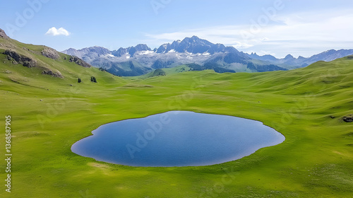 Serene alpine lake nestled in vibrant green meadow, majestic mountains in background