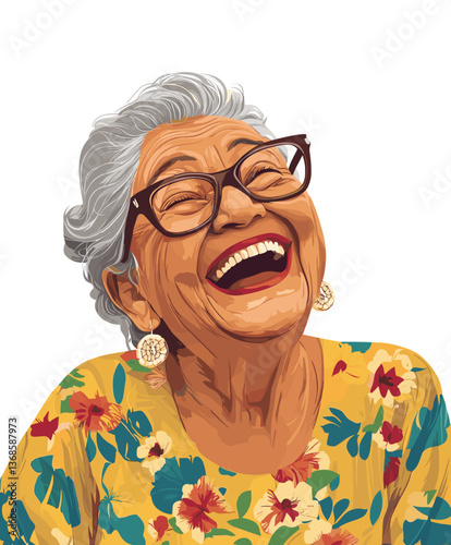 Joyful Latina grandma laughing with warmth and love during a sunny family gathering at home