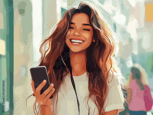 Happy Latina girl with long wavy hair enjoying a sunny day while holding a smartphone in a bustling street