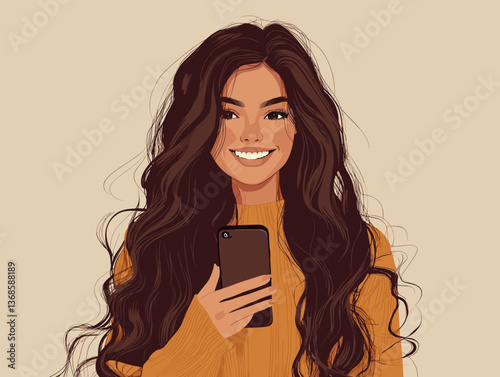 Happy Latina girl with long wavy hair smiling while holding her smartphone in a warm and cheerful setting