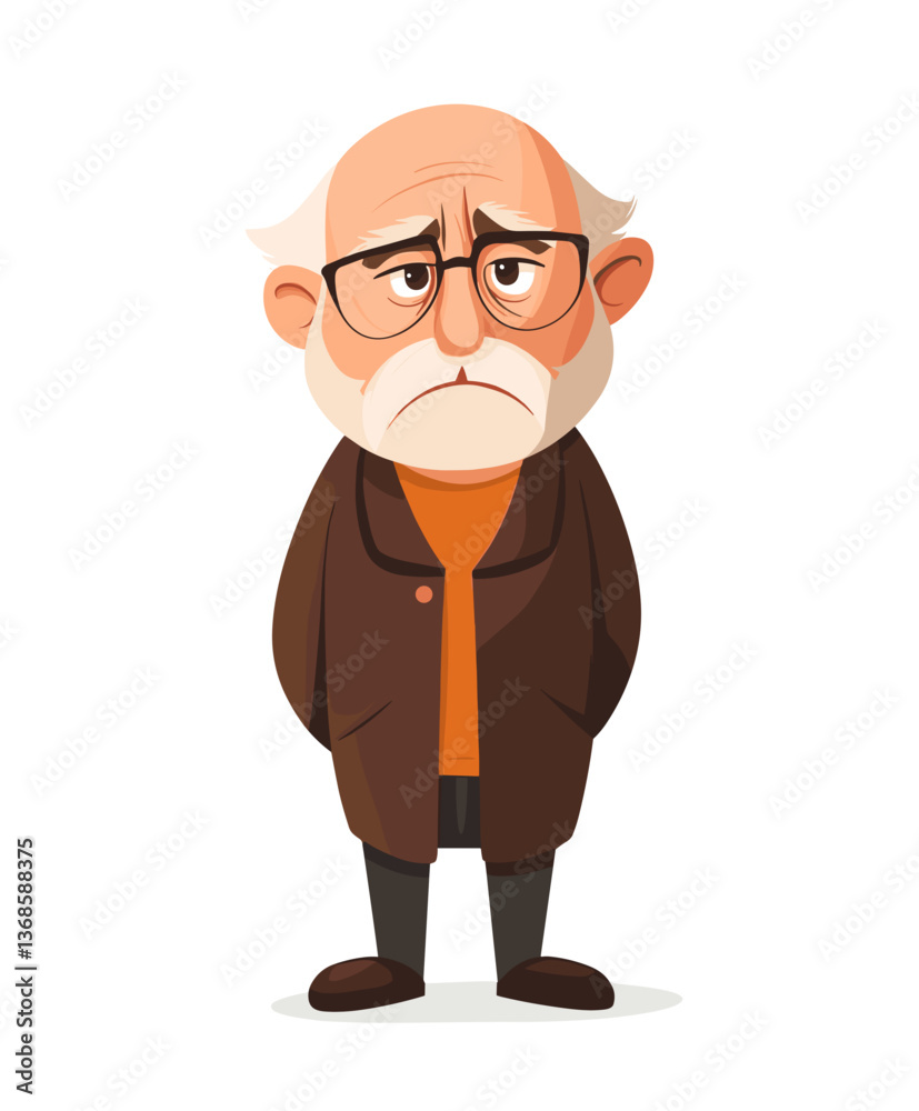 Grumpy old European man with a humorous frown stands with crossed arms in a cozy cafe setting Grumpy old European man with a humorous frown stands with crossed arms in a cozy cafe setting