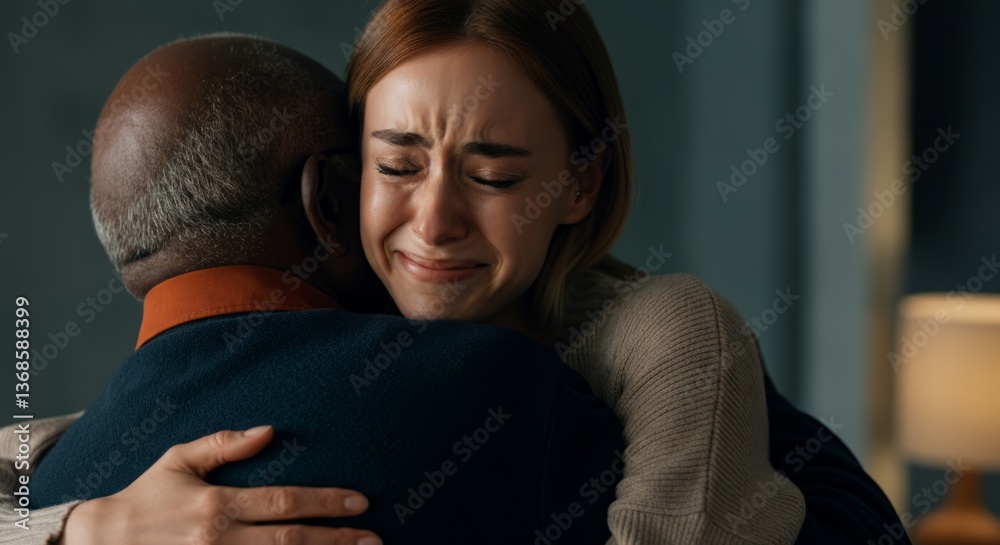 Obraz premium Emotional hug between african elderly male and caucasian female adult in comforting moment