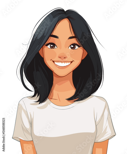Happy young Asian woman smiles brightly with shoulder-length hair against a white background
