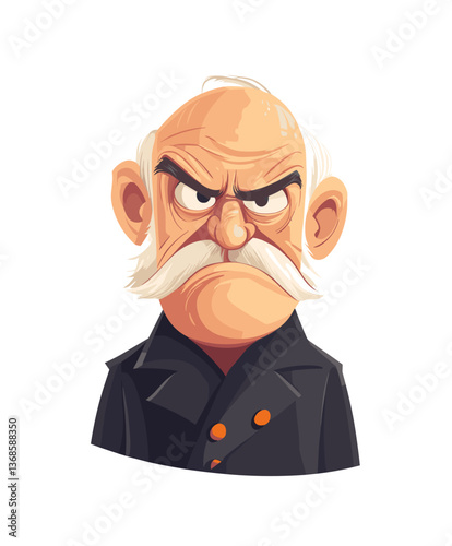 Humorous portrayal of a grumpy old European man frowning in a traditional outfit