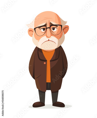 Grumpy old European man with a humorous frown stands with crossed arms in a cozy cafe setting