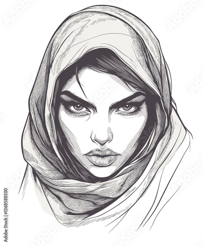 Fierce Middle Eastern woman with intense eyes wearing a headscarf exuding strength and confidence