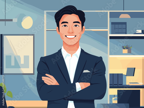 Confident Asian businessman smiles in modern office setting during workday
