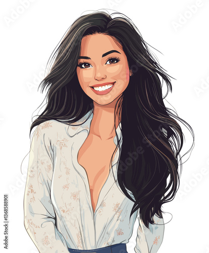 Cheerful young Latina woman with long dark hair smiling warmly in a bright, vibrant setting during a sunny afternoon