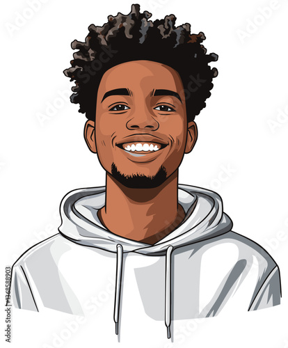 Cheerful young man with short curly hair smiling warmly while wearing a white hoodie in a bright setting