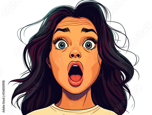 Surprised expression of Latina girl with wide eyes and open mouth in a colorful animated style illustration