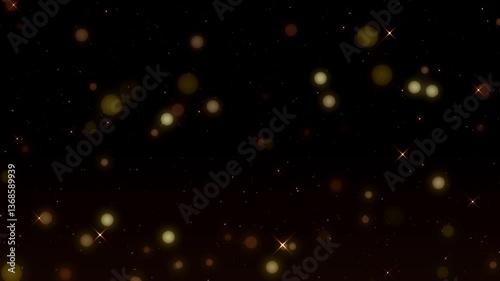 Beautiful Gold Floating Dust Particles with light special effect and bokeh on black background. 4k Ultra HD