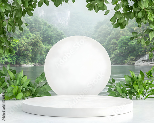 Serene landscape backdrop with circular white display platform