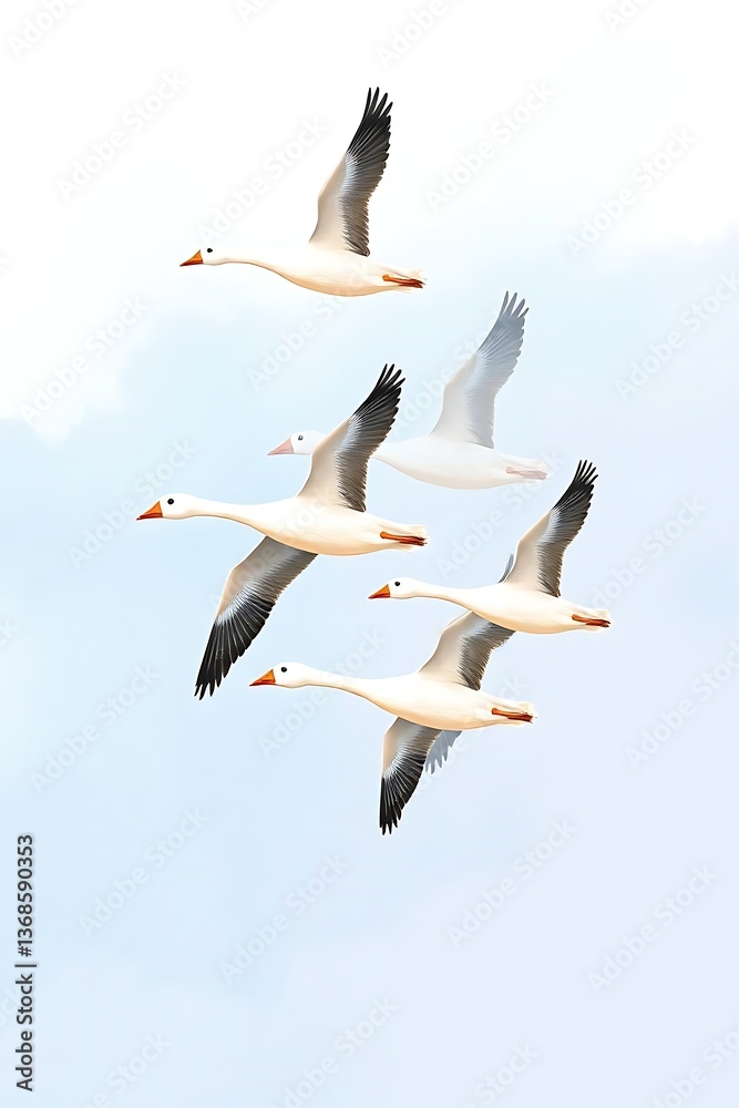 Fototapeta premium Flock of geese flying high in soft-focus sky