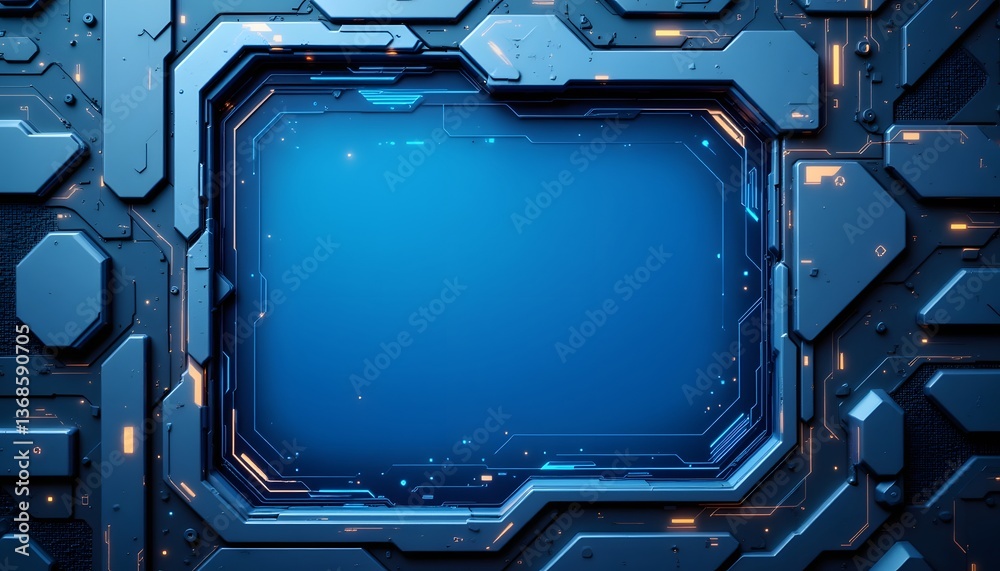 Fototapeta premium A sleek and minimalist illustration of a futuristic square background design featuring geometric shapes, metallic accents, and a cool color palette of blues and silvers