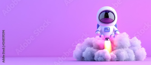 A colorful astronaut figure launching a rocket in a whimsical space scene.