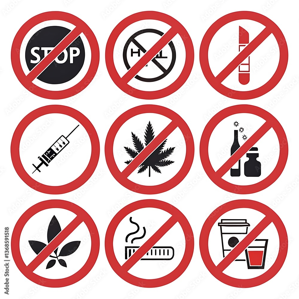 Prohibition signs, red circular symbols, black icons, white background, no drugs, no alcohol, no smoking, warning symbols Prohibition signs, red circular symbols, black icons, white background, no drugs, no alcohol, no smoking, warning symbols