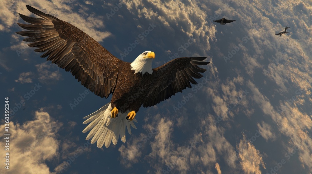 Fototapeta premium A majestic bald eagle soars through a breathtaking