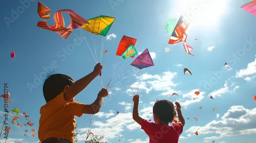 Children flying colorful kites in a sunny sky