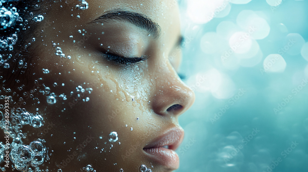 Close-up of a woman's face, wet with water droplets and bubbles, eyes closed, suggesting serenity and purity, ideal for skincare or beauty concepts Close-up of a woman's face, wet with water droplets and bubbles, eyes closed, suggesting serenity and purity, ideal for skincare or beauty concepts