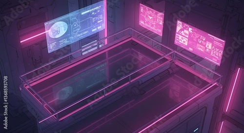 Futuristic Control Room Interior with Glowing Neon Lights and Screens