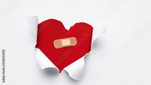 Red heart shape receives bandage through torn paper representing mended love in minimalistic scene emphasizing healing. photo