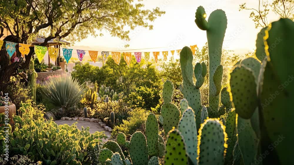 Witness a stunning sunset casting golden light over a lush garden filled with diverse cacti and playful papel picado. Nature's beauty creates a serene atmosphere at dusk