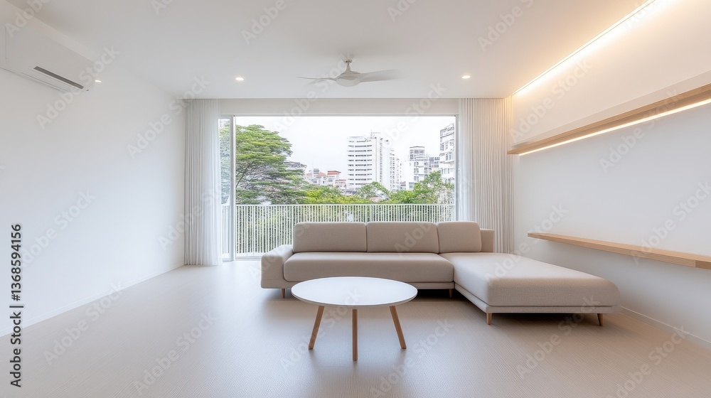 Modern, minimalist living room with city view. Bright, airy space featuring a light beige sectional sofa, a round wooden coffee table, and large windows showcasing an urban landscape. Modern, minimalist living room with city view. Bright, airy space featuring a light beige sectional sofa, a round wooden coffee table, and large windows showcasing an urban landscape.